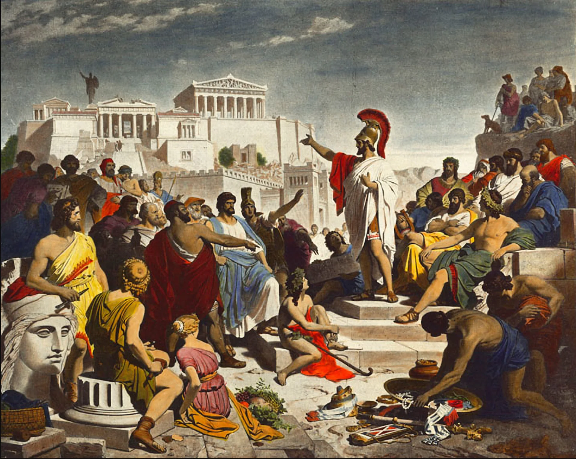 Pericles, in helmet and white robe, speaks to the assembled Athenians before the Acropolis; painting by Philipp Foltz.